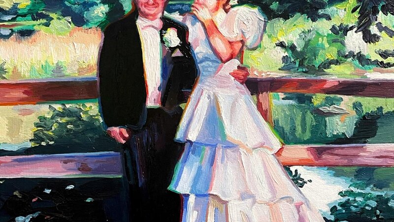 A couple from the 1980s on their wedding day. They are in front of a beautiful lake with lots of greenery. The paint is chunky and colorful oil paint. 