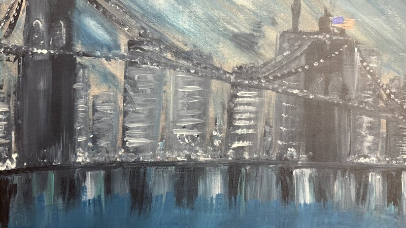 Brooklyn bridge with american flag 