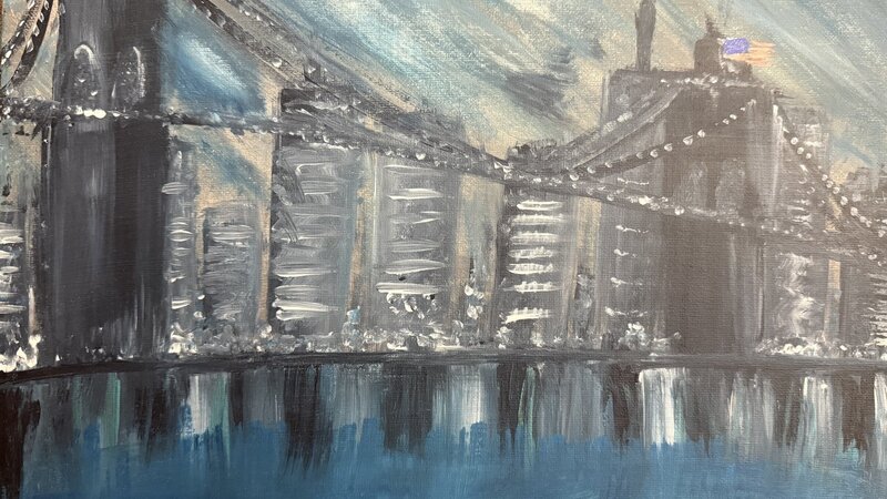 Brooklyn bridge with american flag 