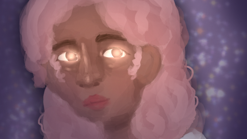 mixed girl with pink hair and glowing eyes