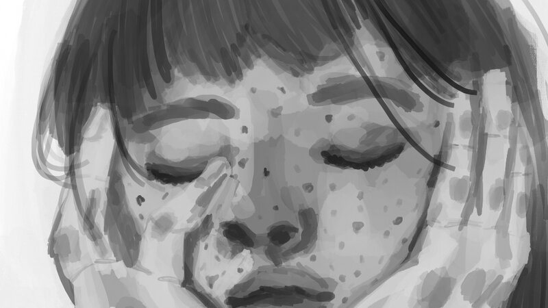 girl with eyes close and head in her hands, all gray