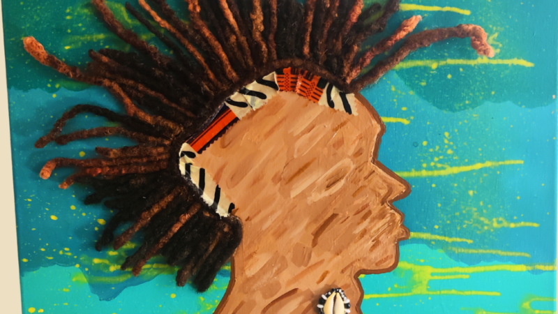 Man profile, mixed media on canvas 16 x 20 (Acrylic paint, fabric, wire, beads, shell, and human hair)