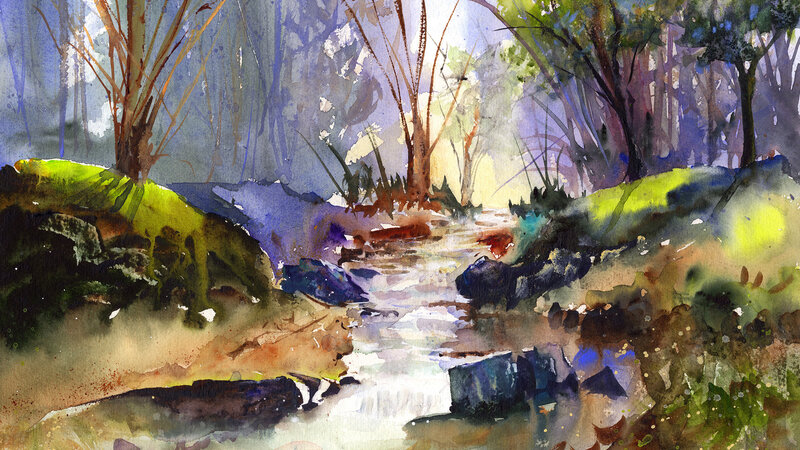 whimsical stream flowing through and enchanted forest