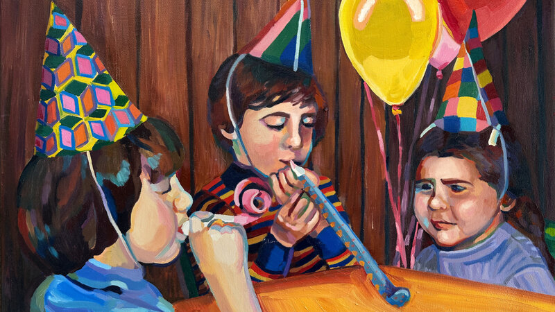 A colorful, brushy, chunky oil painting of three kids around a table at a birthday party. Balloons are in the background and they have party hats on. The boys are using noise makers and the girls is visibly annoyed. 