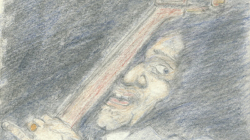 Colored pencil drawing of a jazz bassist
