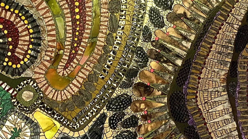 Mixed media work inspired by ancient labyrinth designs.