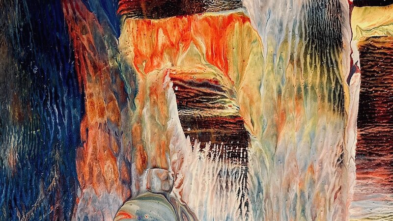 "Lost World", painting in acrylic on black surface using ink brayers. 