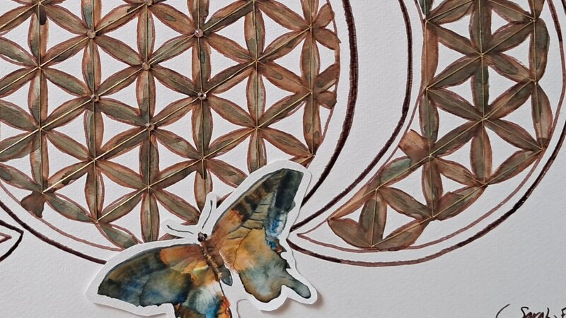 watercolor: Flower of Life with Butterfly, in rich golden browns and green