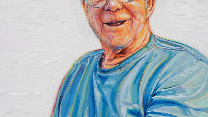 A chunky oil painting of an old man aged 93. He's smiling at the camera in front of a white background. 
