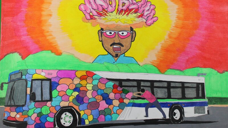 Mind Blown while artist rip off into design bus wrap