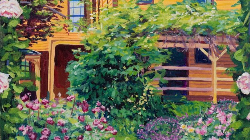An acrylic painting of a historic house and garden from Hartford, CT. There are tons of beautiful flowers everywhere and there is a rose arch around the edges. 