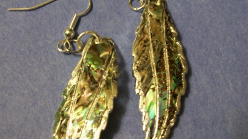 Paua (abalone) shell feather shaped earrings