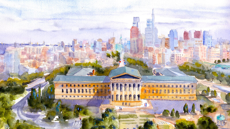 Philadelphia Art Museum and Skyline Watercolore