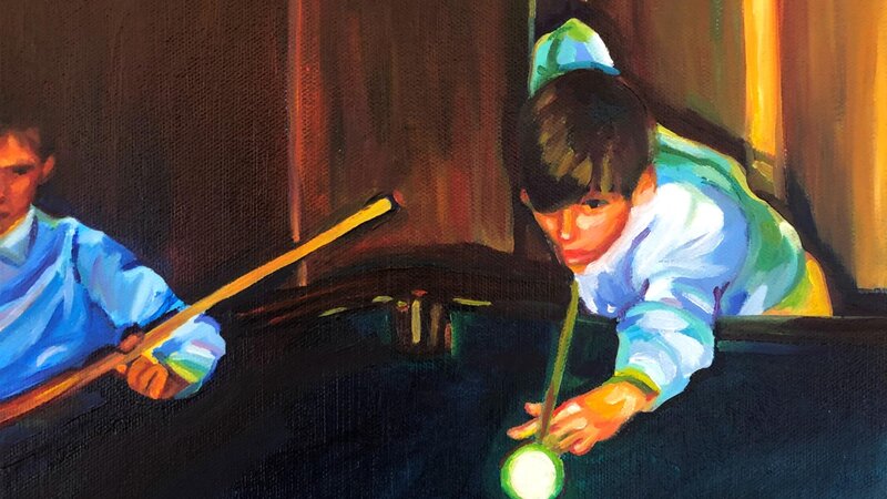 A teenage boy playing pool in a mid century, wood paneled basement. There is another boy halfway off the canvas on the left side. 