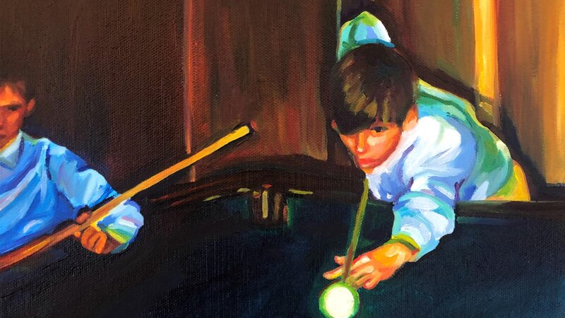 A teenage boy playing pool in a mid century, wood paneled basement. There is another boy halfway off the canvas on the left side. 