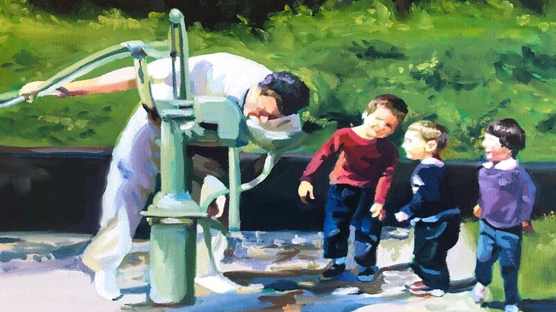 A mid century father is outside with his three kids, greenery in the background. He is showing them how to use a pump water fountain. The kids look on in amazement. 