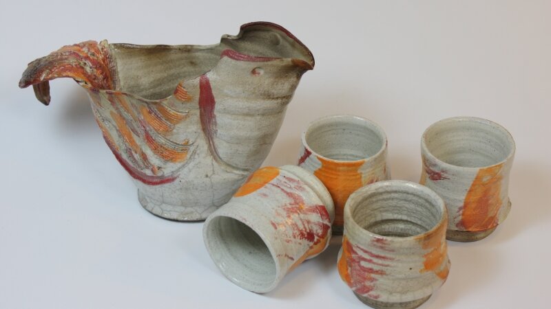 Raku Hen Pitcher and Cups Set