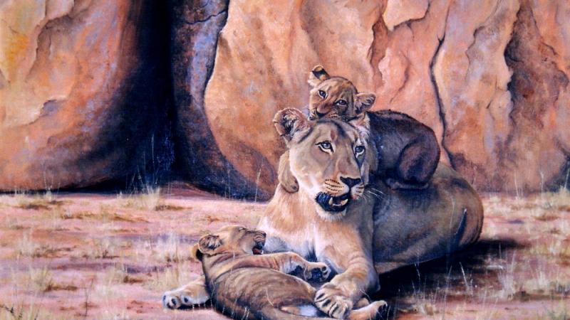 Lion mother and cubs