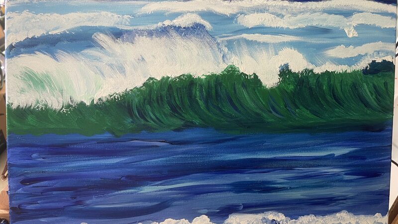 Painting of ocean colors with crashing waves.