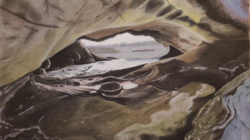 A scene zooming into the cavernous roots of a tree washed up on a beach. Inside the hollow we see a cave with a small glittering pool. Through the hole, distant rocky islands dot the horizon of the Pacific Ocean.