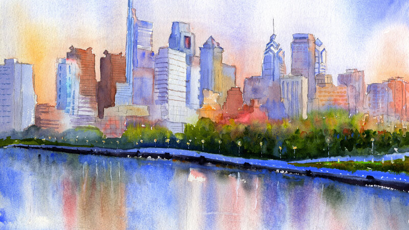 Philadelphia Skyline and Schuylkill River Trail Watercolor