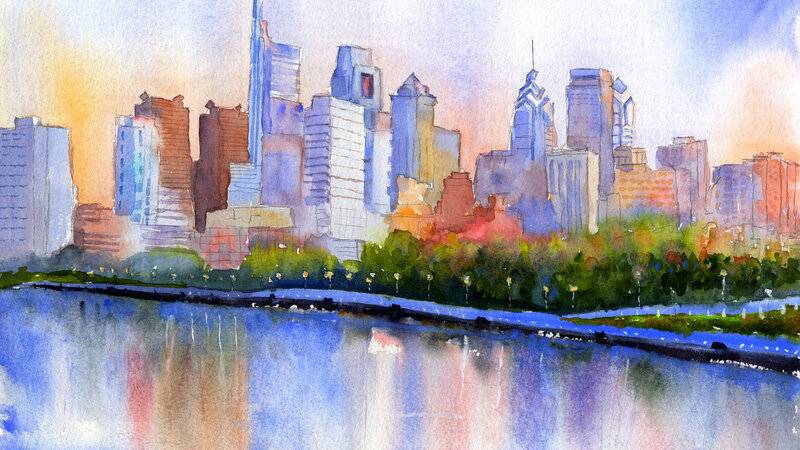 Philadelphia Skyline and Schuylkill River Trail Watercolor
