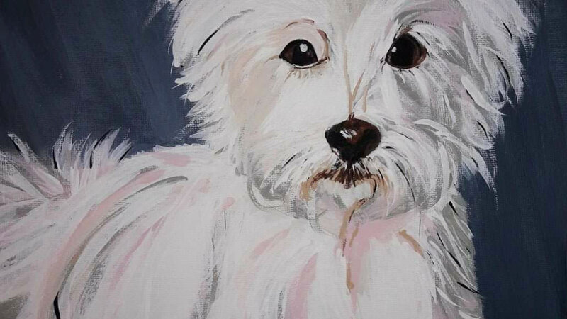 Small white dog portrait painted on canvas.