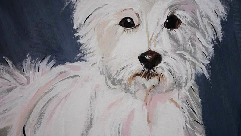 Small white dog portrait painted on canvas.
