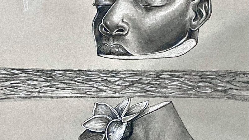  A charcoal drawing with a head floating about water seeming to be thinking deeply. While the neck underwater is filled with delicate flowers and leaves