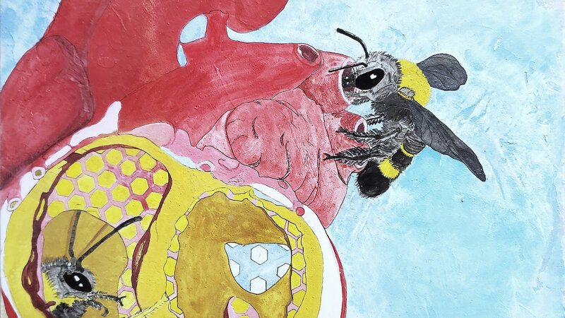 She Crawled Into My Heart mixed media painting on board 12" X 12"