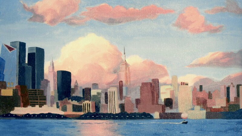 Painting by Zohre Bairieva of the New York City skyline as seen from Hoboken, New Jersey