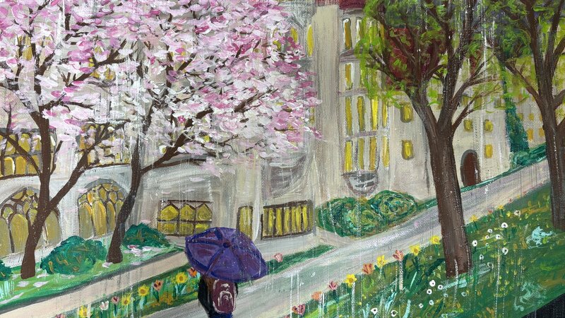 Acrylic Painting a Girl walking outside Harper Library in the rain stops to looks at a tree with pink flowers