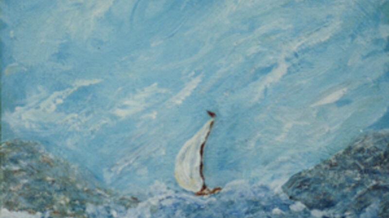 painting of a sailboat caught in rough seas