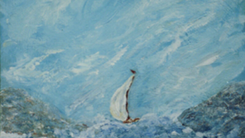 painting of a sailboat caught in rough seas