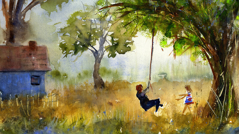Two Children playing and swinging from a rope swing having fun in summer