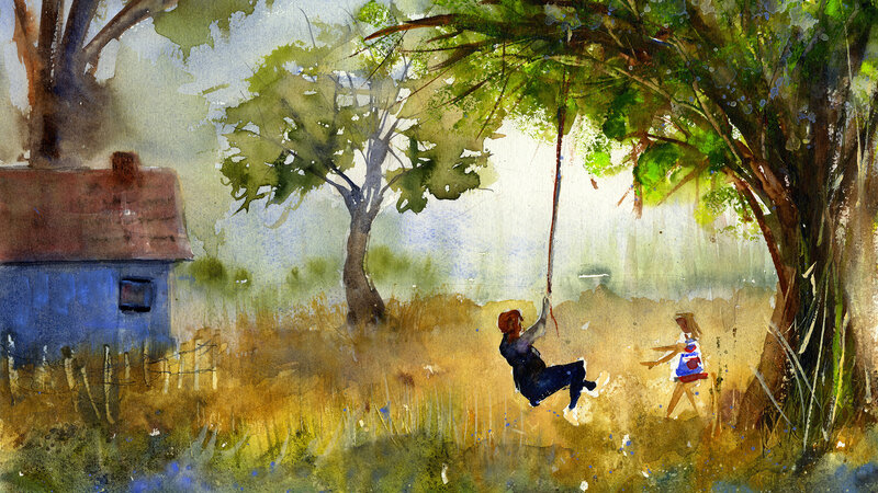 Two Children playing and swinging from a rope swing having fun in summer
