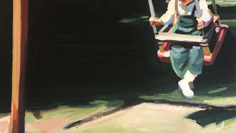 A two year old boy on a swing. He's all the way swung back. The background is black and dark green, and he's wearing green overalls. It is a brushy, vintage-y vibe. 