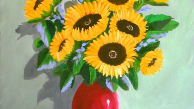 Sunflowers in Red Vase