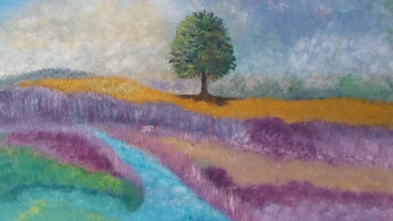 tree, painting by Dawn Cooper, Moonscribe, blue, purple, gold, landscape, clouds