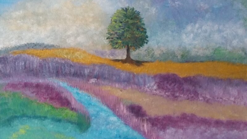 tree, painting by Dawn Cooper, Moonscribe, blue, purple, gold, landscape, clouds