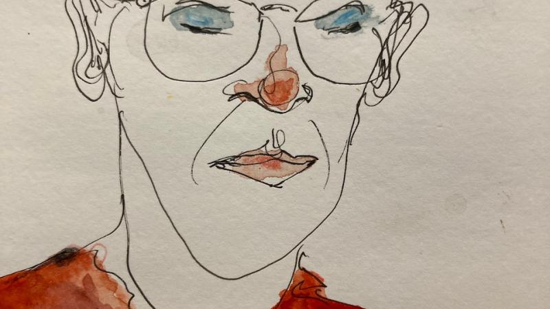 Drawing of imaginary person in MUJI pen and colored pencil, June 2024