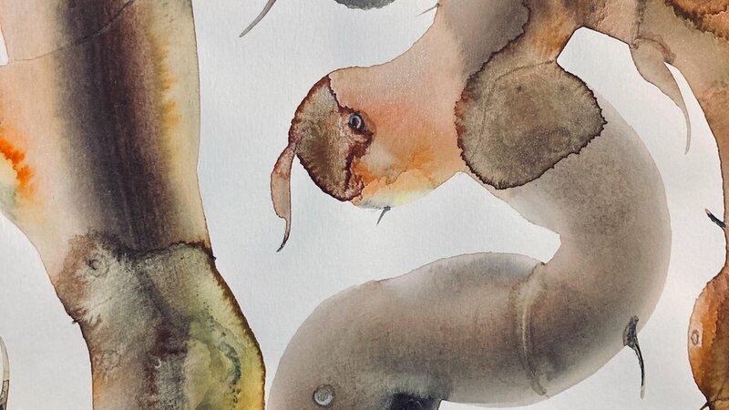 Abstract painting with watercolor wash and colored pencils, 2024.