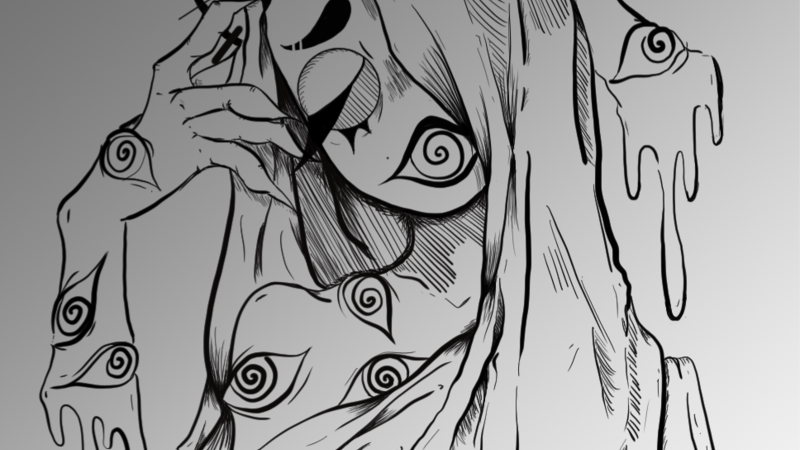 B&W digital illustration of a mythical, haloed maiden connected to the Greek Fates. Line art and etching on a background with a diagonal gray-scale gradient.