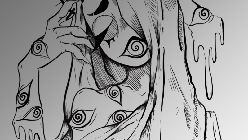 B&W digital illustration of a mythical, haloed maiden connected to the Greek Fates. Line art and etching on a background with a diagonal gray-scale gradient.