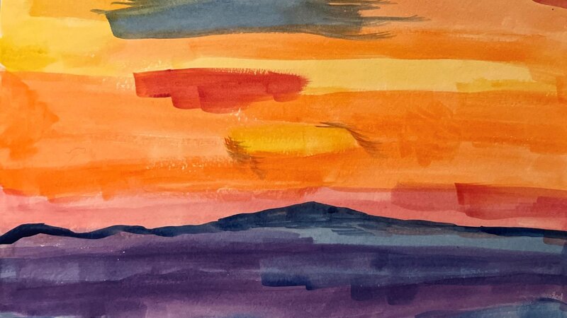 Watercolor painting of the sun setting over the lake in Winthrop