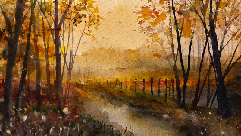 Fall trees an Autumn Watercolor walking through the woods in late fall