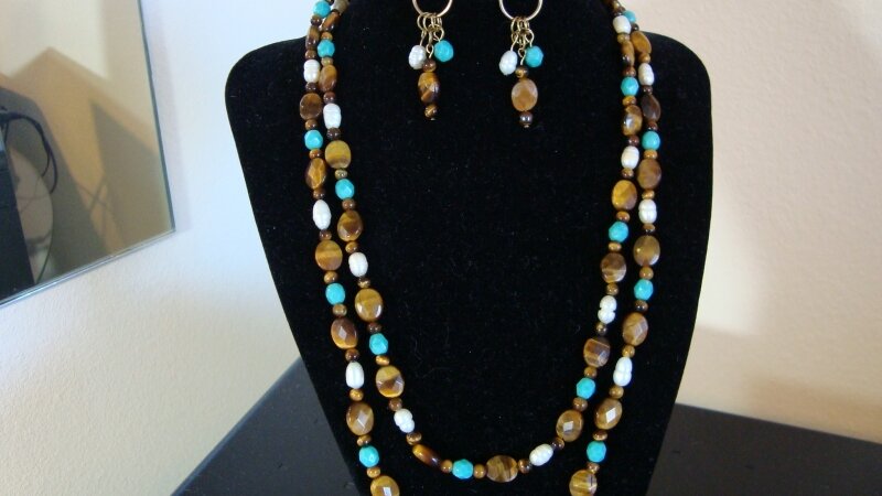 Fresh Water Pearls, Turquoise and Tigers Eye Jewelry Set