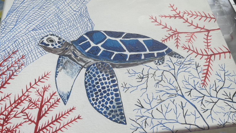 Turtle in his natural environment on canvas