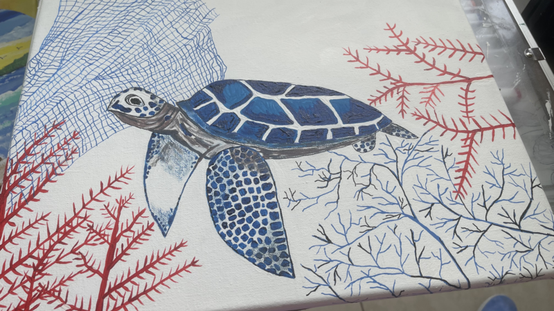 Turtle in his natural environment on canvas