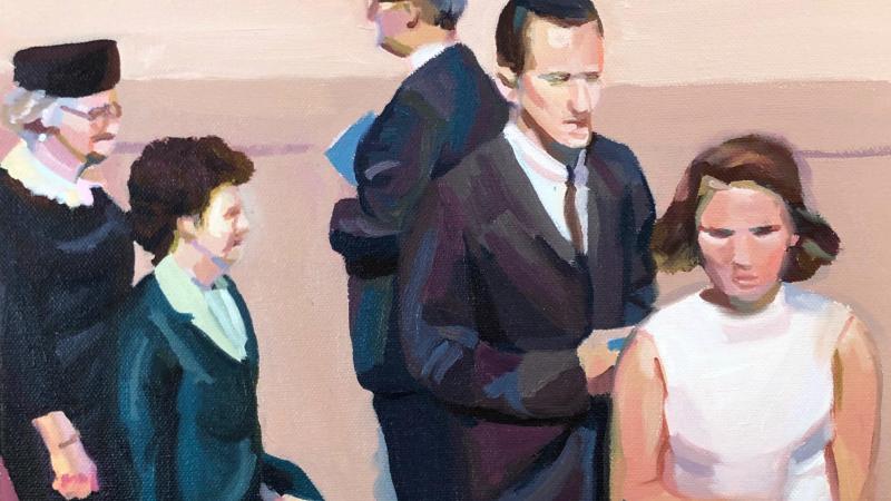 A crowd of anonymous mid century dressed people from a wedding gathering, walking every which way. 